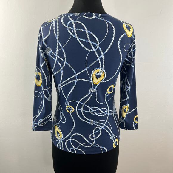 J. McLaughlin 3/4 Sleeve Top Blue Yellow Print Knot Round Neckline Stretch Sz XS - Picture 7 of 10